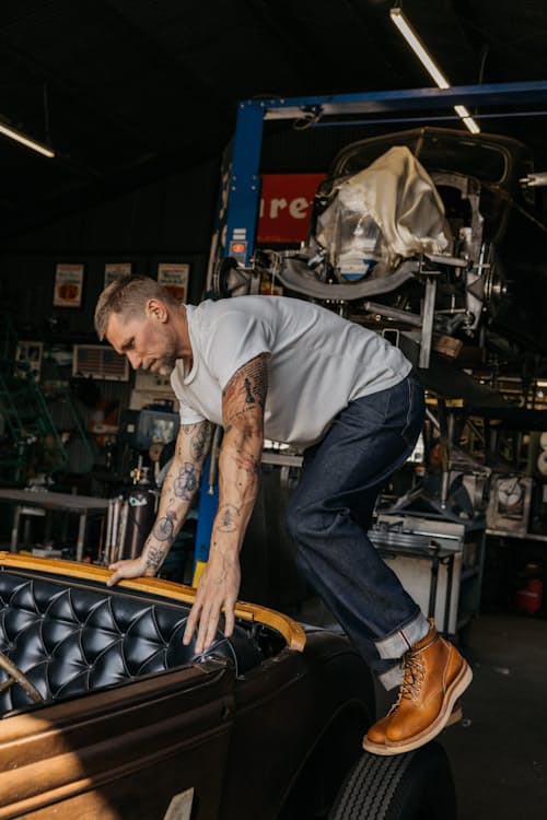 lifestyle image of The Barrel Classic Straight Stretch Selvedge Denim Jeans