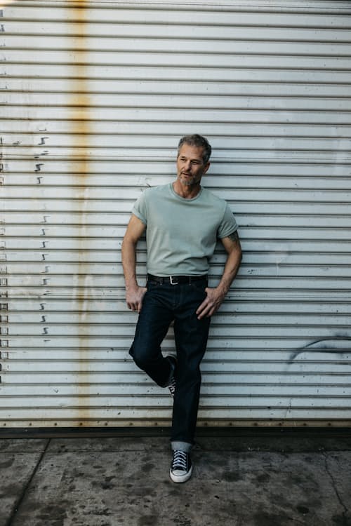 lifestyle image of The Barrel Classic Straight Stretch Selvedge Denim Jeans
