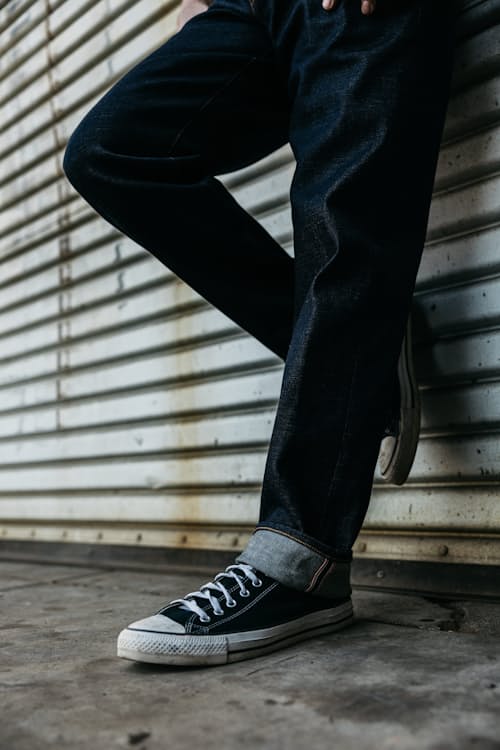 lifestyle image of The Barrel Classic Straight Stretch Selvedge Denim Jeans