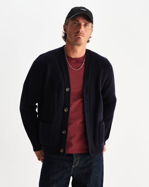 on model image of Walker Cardigan