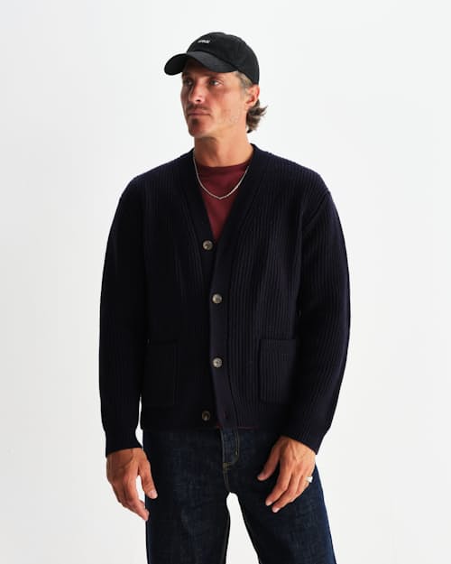 on model image of Walker Cardigan