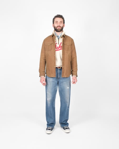 on model image of Crissman Lightweight Waxed Overshirt