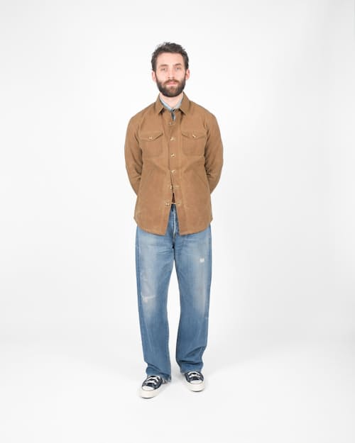 on model image of Crissman Lightweight Waxed Overshirt