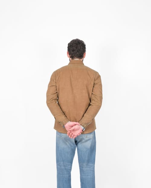 on model image of Crissman Lightweight Waxed Overshirt