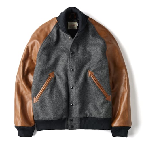 laydown image of Leather and Wool-Blend Varsity Bomber Jacket