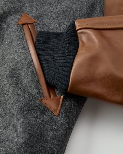 laydown detail image of Leather and Wool-Blend Varsity Bomber Jacket