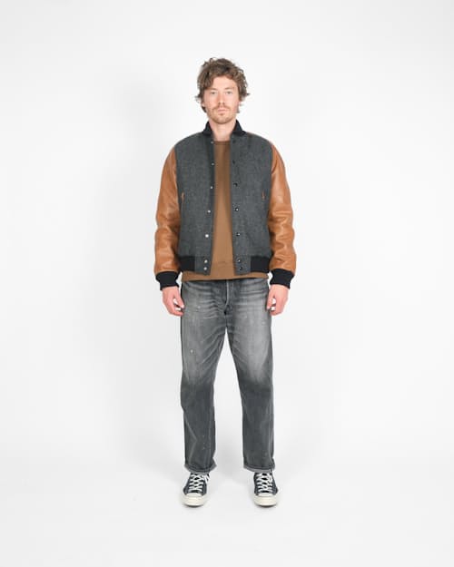 on model image of Leather and Wool-Blend Varsity Bomber Jacket