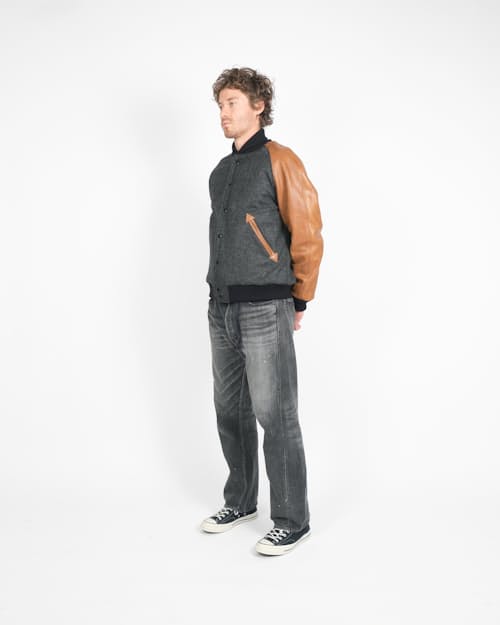 on model image of Leather and Wool-Blend Varsity Bomber Jacket
