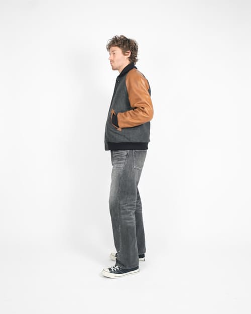 on model image of Leather and Wool-Blend Varsity Bomber Jacket