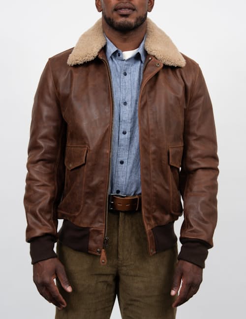 on model image of Buffalo Bomber Leather Jacket