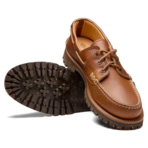 laydown image of Italian Hex Eye Boat Shoe w/ Cortina Sole