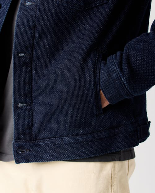 lifestyle image of Flannel-Lined Sashiko Trucker Jacket