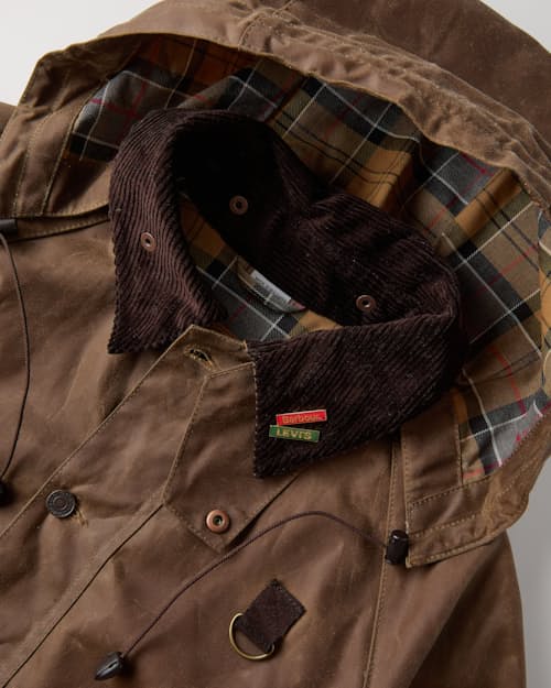 laydown detail image of Barbour x Levi's Spey Waxed Jacket
