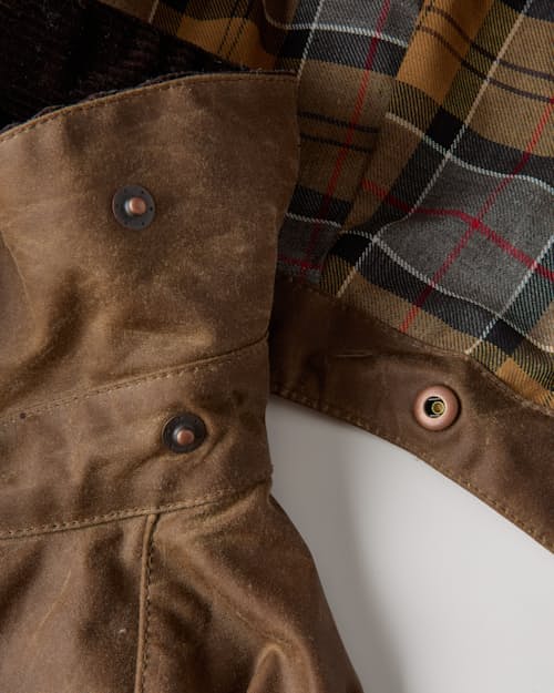 laydown detail image of Barbour x Levi's Spey Waxed Jacket