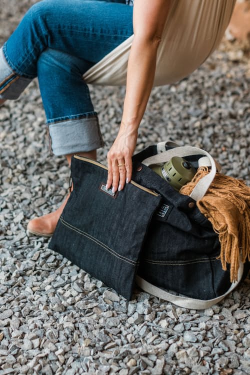 lifestyle image of Neelum Large Zipper Pouch - Denim