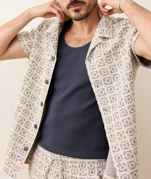on model image of Archive Camp Jacquard Resort Shirt
