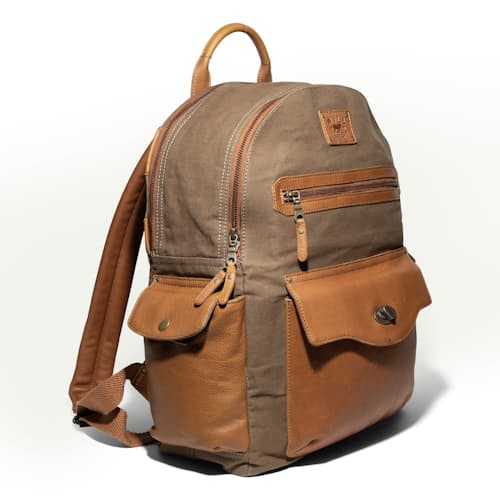 laydown image of Oscar Canvas Leather Backpack