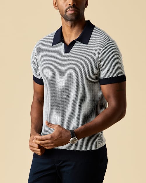 on model image of Short Sleeve Cotton Cashmere Goleta Polo