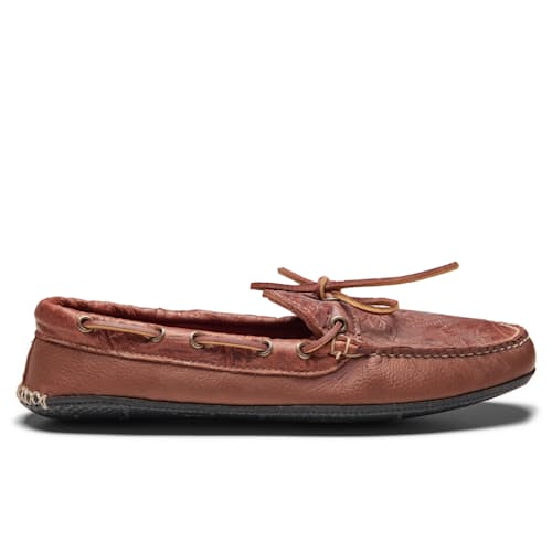 laydown image of Huckberry x Quoddy Coolslide Stamped Leather Slipper