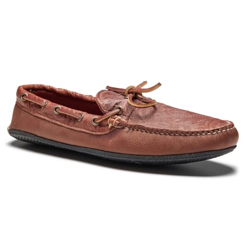 laydown image of Huckberry x Quoddy Coolslide Stamped Leather Slipper