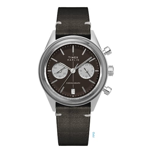 laydown image of Marlin Jet Quartz Chrono SST Black Dial Brown Strap