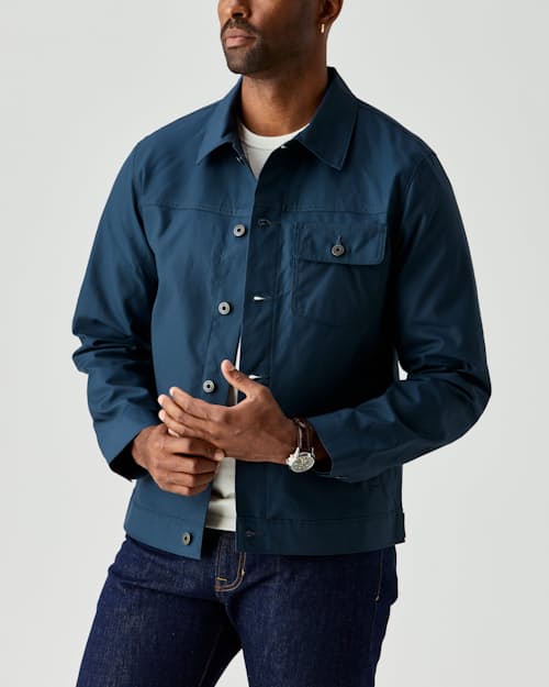 on model image of Dry Wax Trucker Jacket