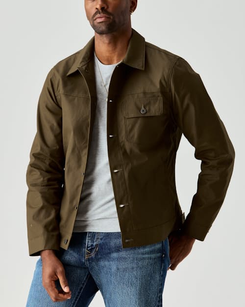on model image of Dry Wax Trucker Jacket