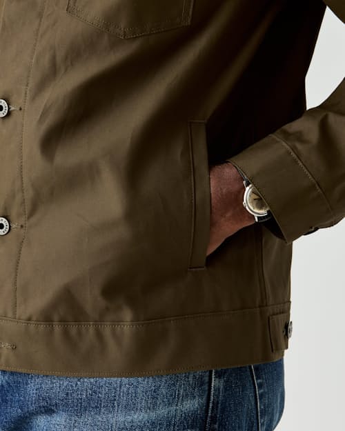 on model image of Dry Wax Trucker Jacket