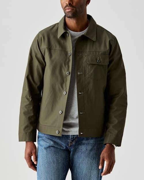 on model image of Dry Wax Trucker Jacket