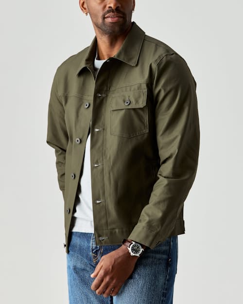 on model image of Dry Wax Trucker Jacket