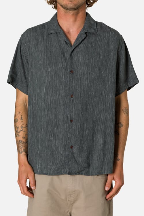 on model image of Teller Striped Camp Short Sleeve Shirt