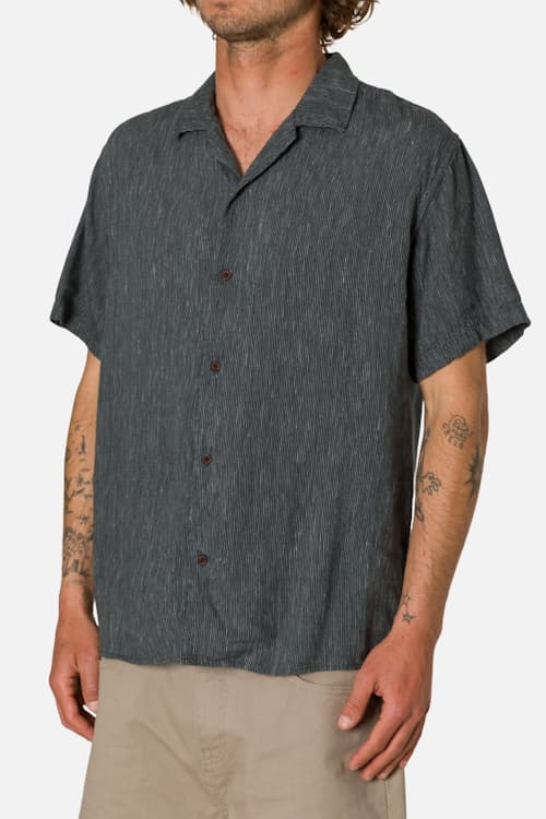 on model image of Teller Striped Camp Short Sleeve Shirt