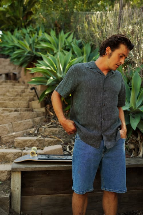 lifestyle image of Teller Striped Camp Short Sleeve Shirt