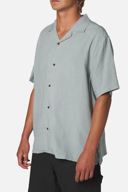 on model image of Teller Striped Camp Short Sleeve Shirt
