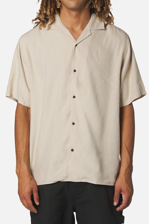 on model image of Teller Striped Camp Short Sleeve Shirt