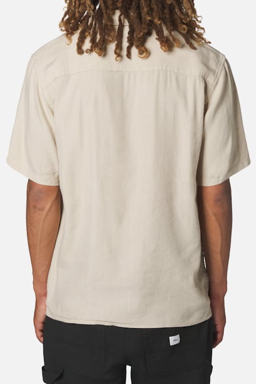 on model image of Teller Striped Camp Short Sleeve Shirt