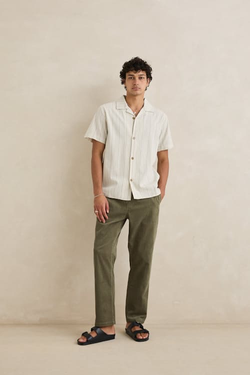 on model image of Vacation Stripe Short Sleeve Shirt