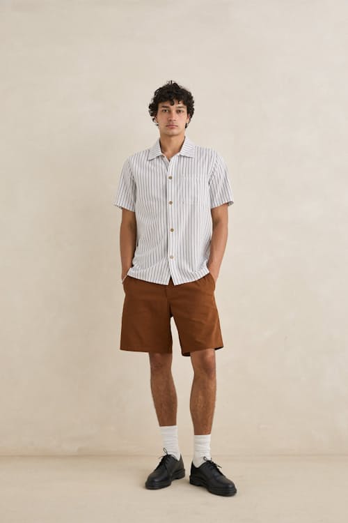 on model image of Seersucker Stripe Short Sleeve Shirt