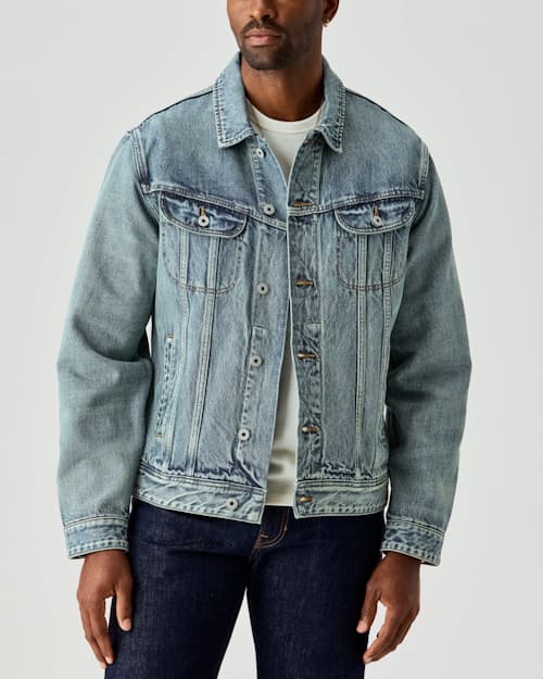 on model image of Selvedge Denim Trucker Jacket