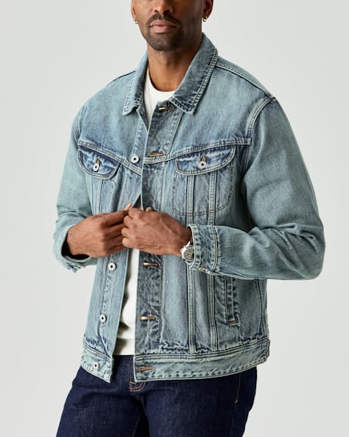 on model image of Selvedge Denim Trucker Jacket