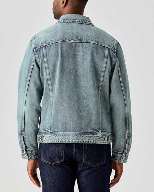 on model image of Selvedge Denim Trucker Jacket
