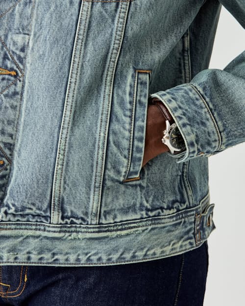 on model image of Selvedge Denim Trucker Jacket