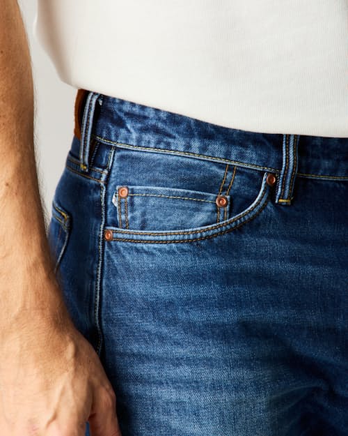 lifestyle image of Rigid Selvedge Denim - HB Athletic Straight
