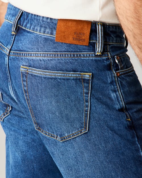 lifestyle image of Rigid Selvedge Denim - HB Athletic Straight
