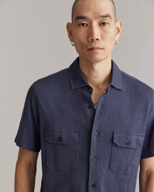 on model image of Short Sleeve Hemp Cotton Knit Shirt