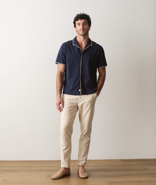 on model image of Embroidered Resort Short Sleeve Shirt
