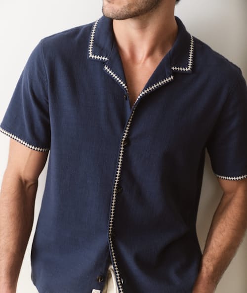on model image of Embroidered Resort Short Sleeve Shirt