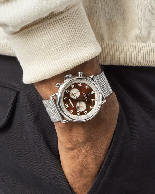 laydown detail image of Canfield Model C56 2 Eye Chrono 43mm, Silver Bracelet