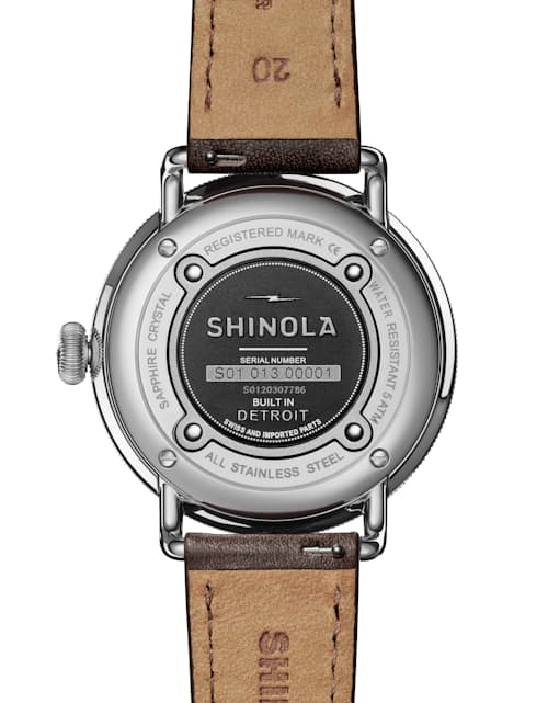 laydown detail image of Canfield 3HD 43mm, Deep Brown Leather Strap