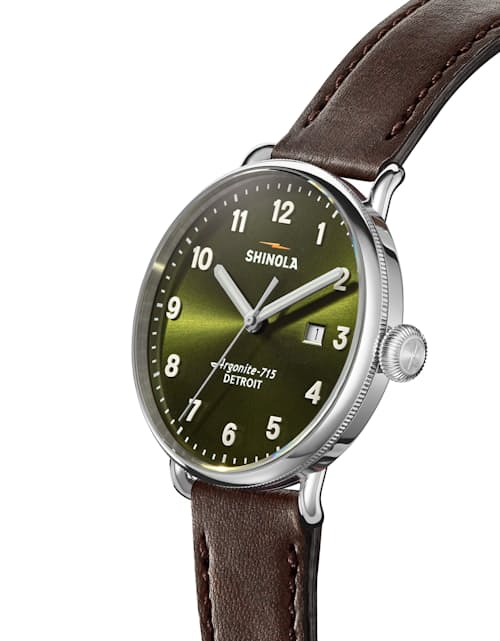 laydown detail image of Canfield 3HD 43mm, Deep Brown Leather Strap